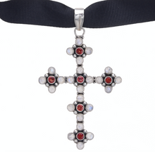 Load image into Gallery viewer, Rococo Lariat with Rainbow Stone and Garnet Cross