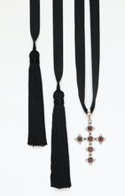 Load image into Gallery viewer, Rococo Lariat with Rainbow Stone and Garnet Cross