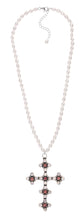 Load image into Gallery viewer, Rococo Freshwater Rice Pearl Necklace with Rainbow Stone and Garnet Cross