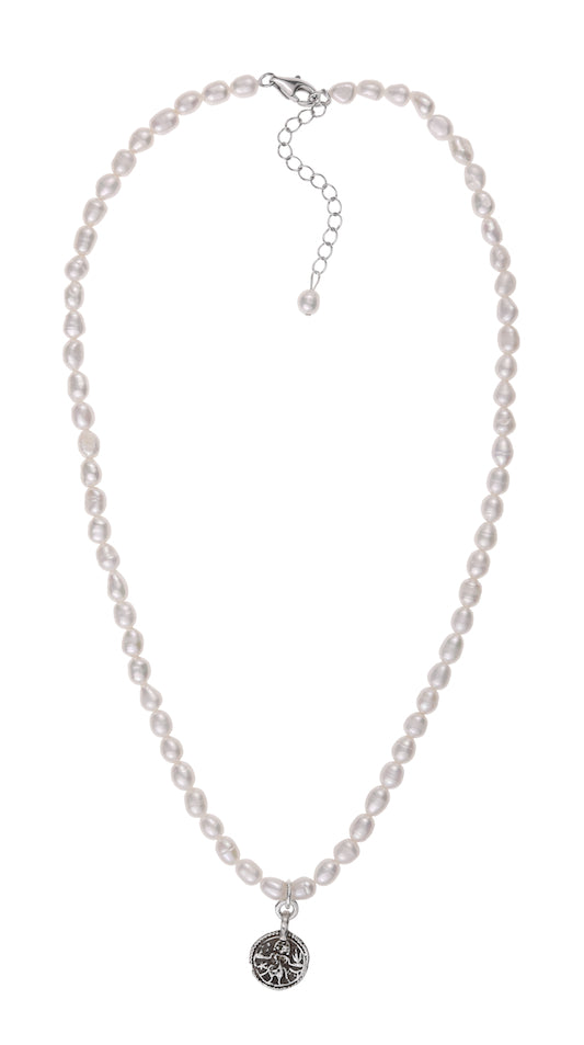 Rococo Freshwater Rice Pearl Necklace with Antique Indian Amulet